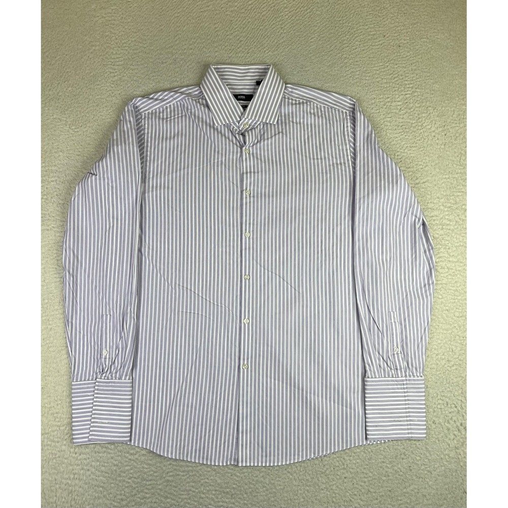BOSS Hugo Boss Mens 17.5 34/35 Purple Stripe Sharp Fit Cotton Dress Shirt‎